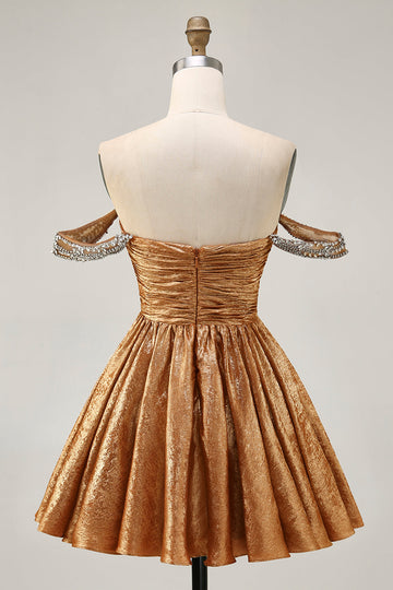 Metallic Golden A Line Off The Shoulder Homecoming Dress